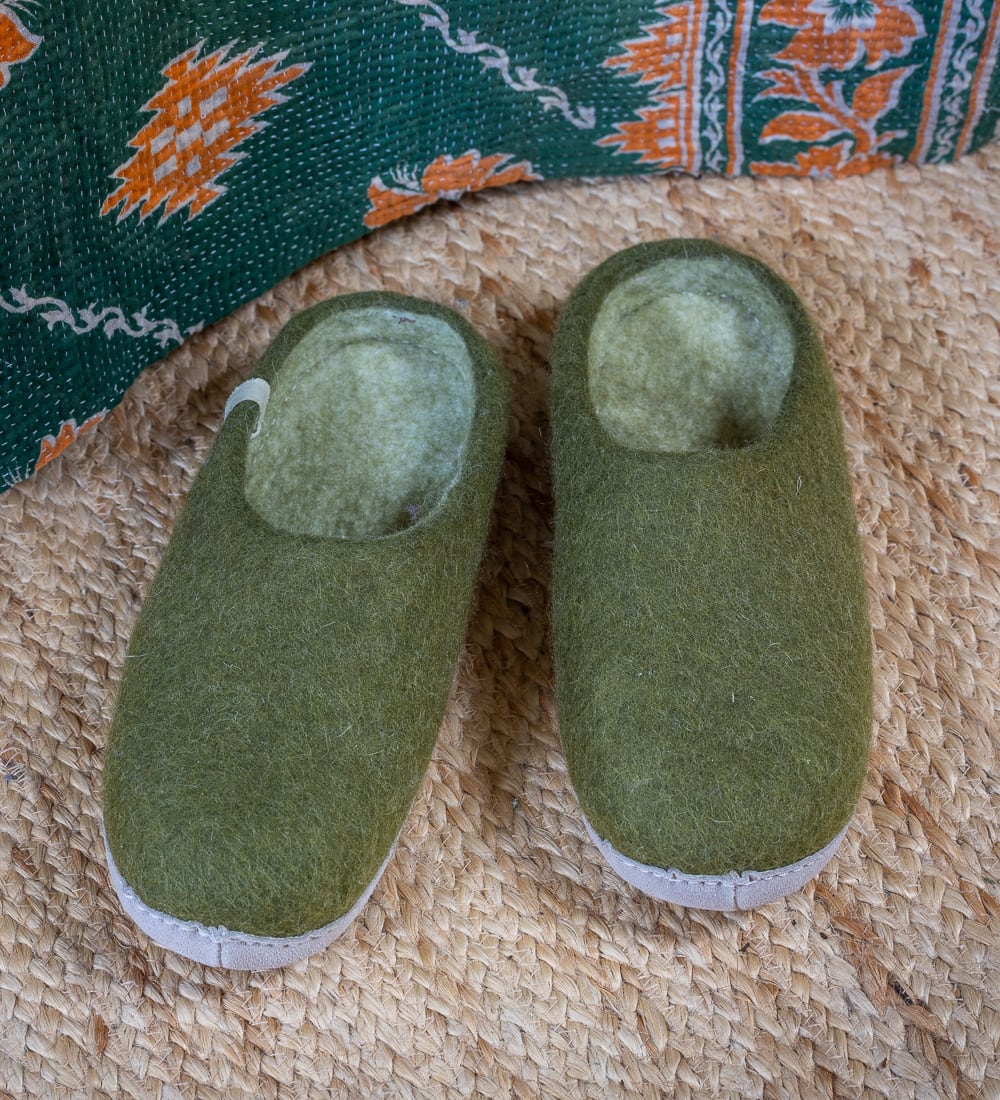 Garden Gate Moss Green Wool Slippers