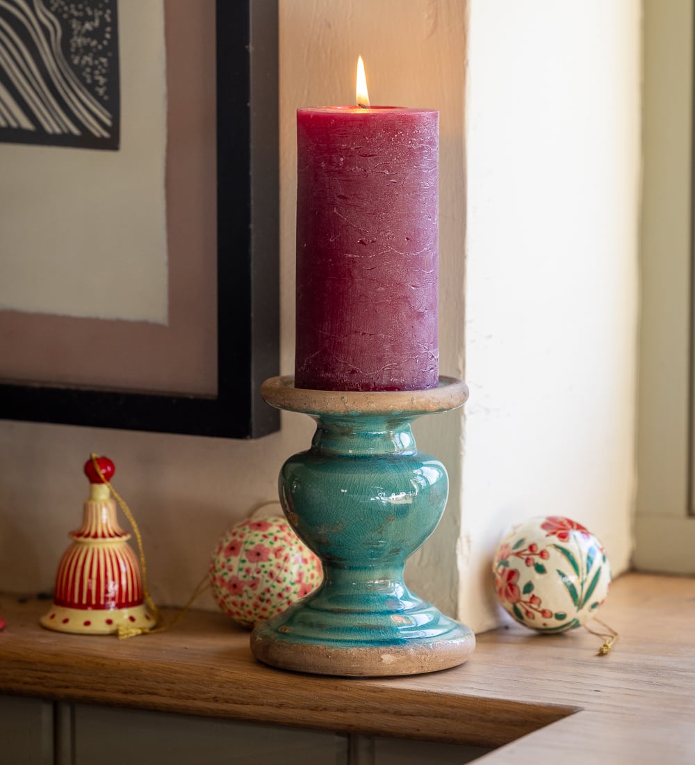 Not just for Christmas, Teal Pillar Candle Holder