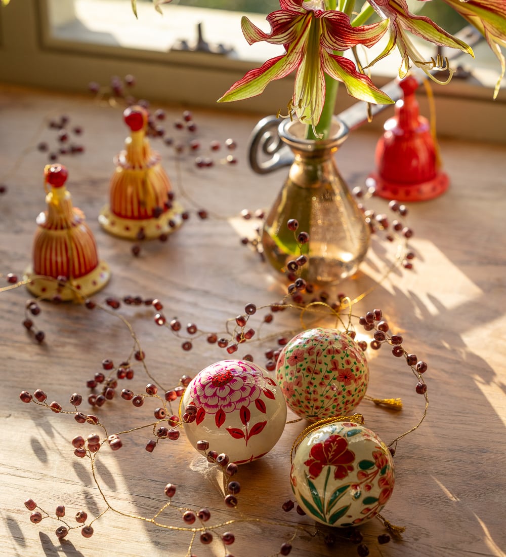 Ruby Flower Papier-Mâché Baubles