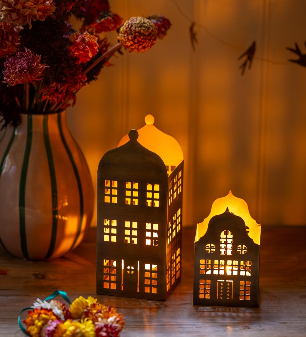 Tall House with Lights On Candleholder