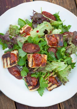 Herb salad with halloumi and chorizo