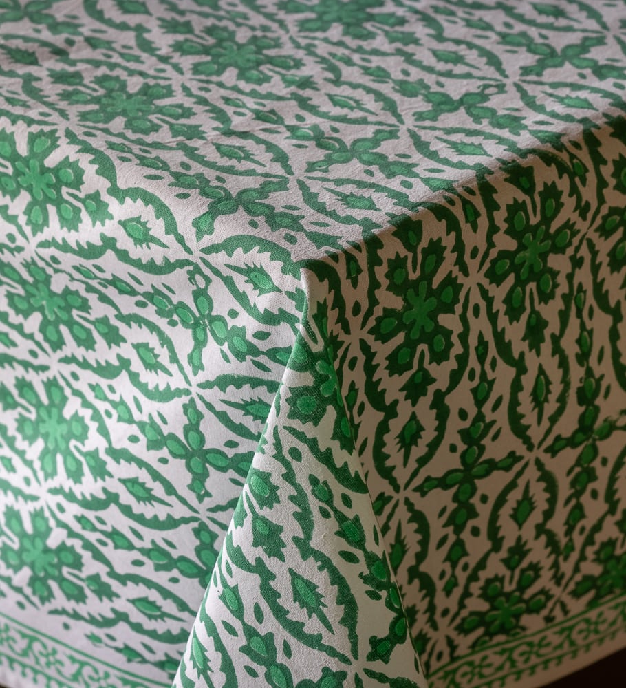 Emerald Blockprint Tablecloth