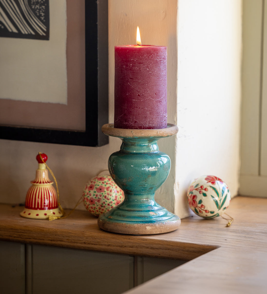 Not just for Christmas, Teal Pillar Candle Holder