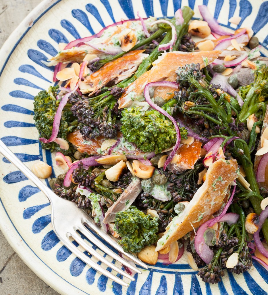 Smoked mackerel, broccoli and almond salad