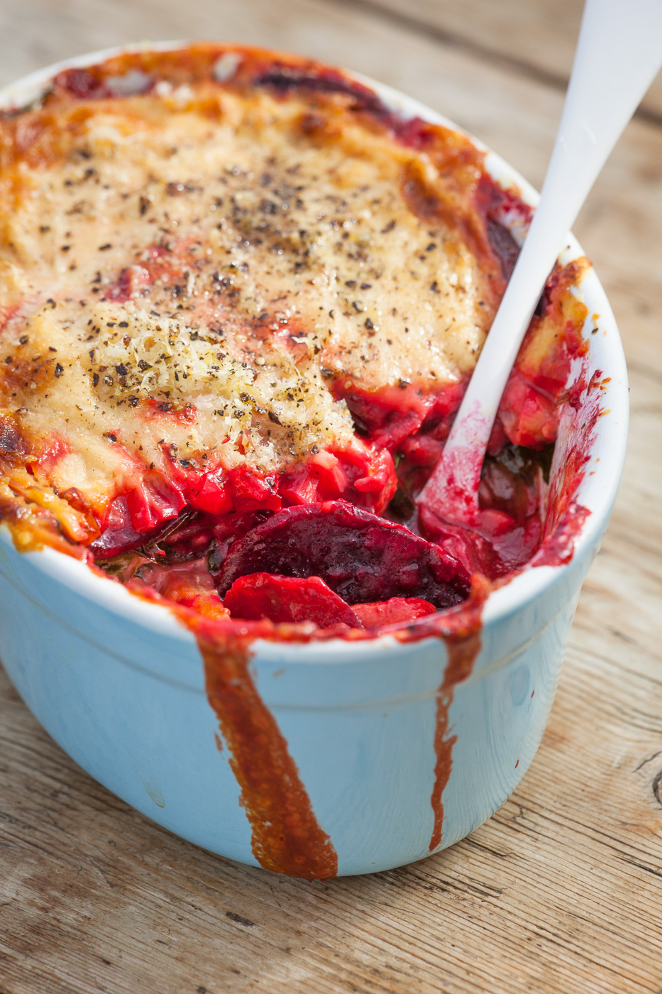 Haddock, beetroot & leek bake