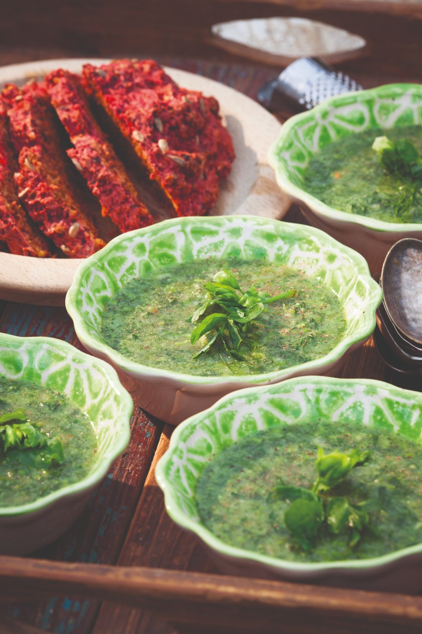 Watercress soup and beetroot soda bread