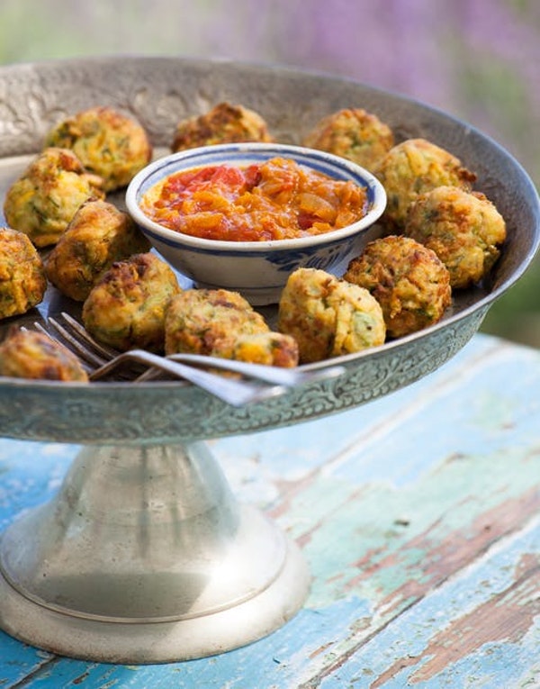 Courgette balls with summer salsa
