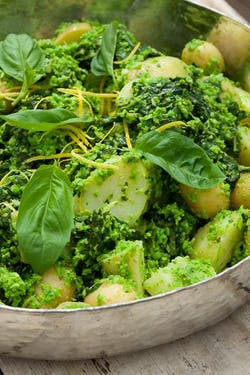 potato and chard salad with pea pesto 