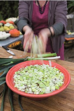 Preparing chopped leeks