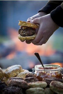 sausage burgers with cheese and fennel scones