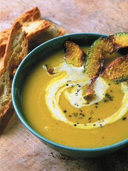 Squash and cumin soup with squash chips