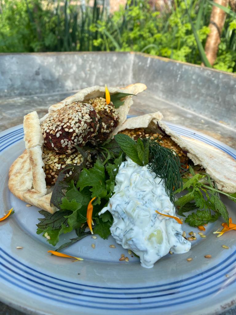 Beetroot falafel with tzatziki